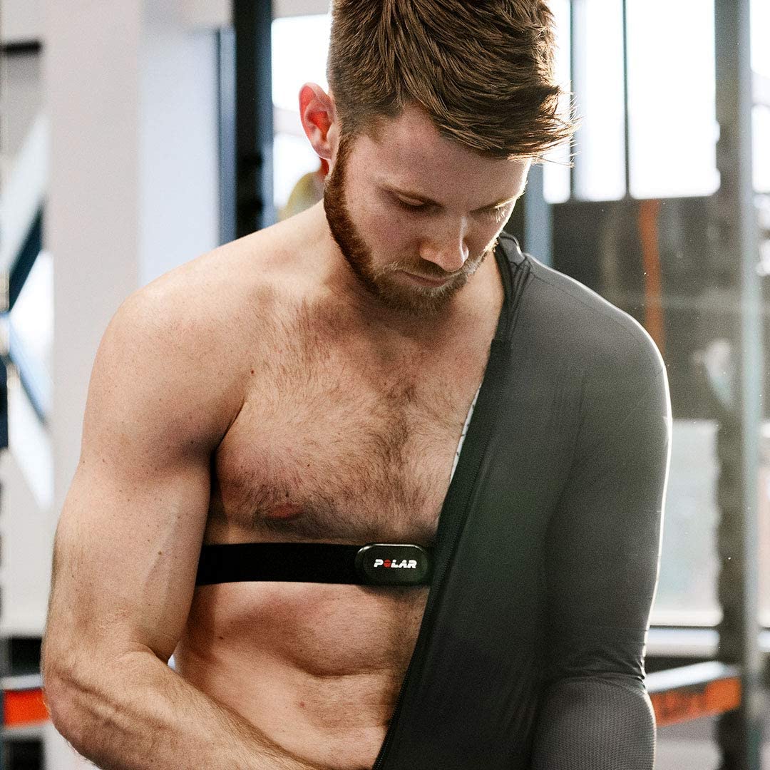 Men wearing heart rate monitor chest strap