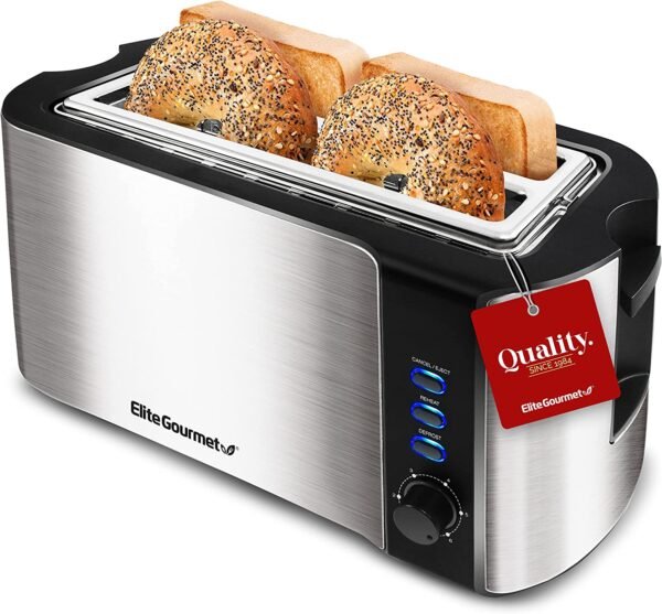 Elite Gourmet 4 Slice Toaster ECT-3100# Long Slot, Reheat, 6 Toast Settings, Defrost