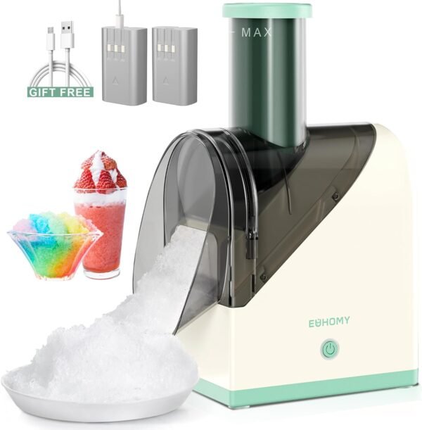 EUHOMY Shaved Ice Machine with Batteries, USB Rechargeable, Crushed Ice in 3s, 45 lbs in 40 Mins 1