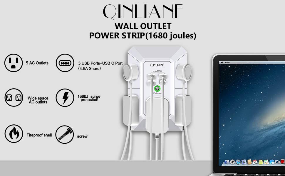 QINLIANF 5 Outlet Extender, Wall Charger, Surge Protector