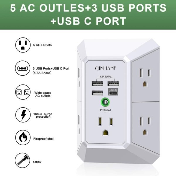 QINLIANF 5 Outlet Extender, Wall Charger, Surge Protector 2