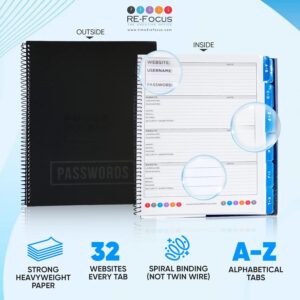 RE-FOCUS Password Book with Alphabetical Tabs 10"x7.6" Spiral Bound Credentials keeper Saves All Internet Login Details (Black)