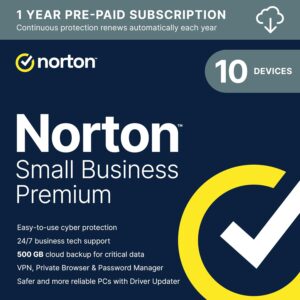 Norton Small Business Premium 2024, Business Cybersecurity with Antivirus for 10 Devices Plus 24/7 Business Tech Support, 500GB PC Cloud Backup, Password Manager [Download] 