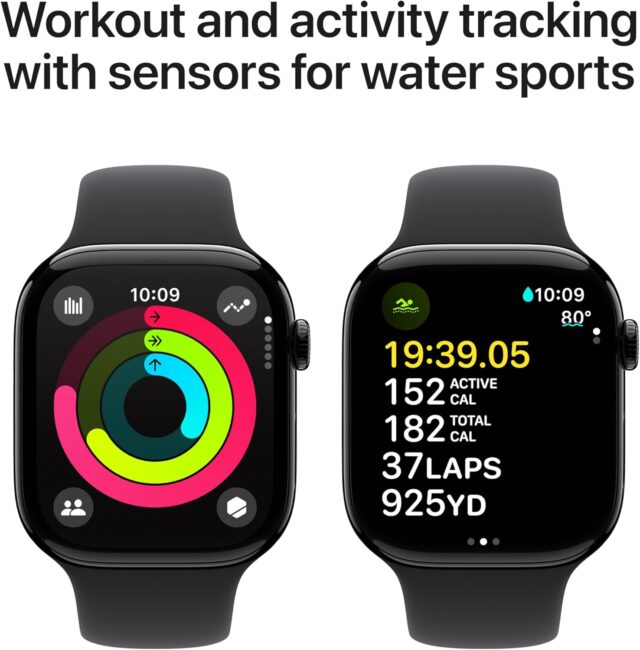 Apple Watch Series 10 [GPS 46mm case] Smartwatch with Jet Black Aluminium Case with Black Sport Band - M/L. Fitness Tracker, ECG App, Always-On Retina Display, Water Resistant 