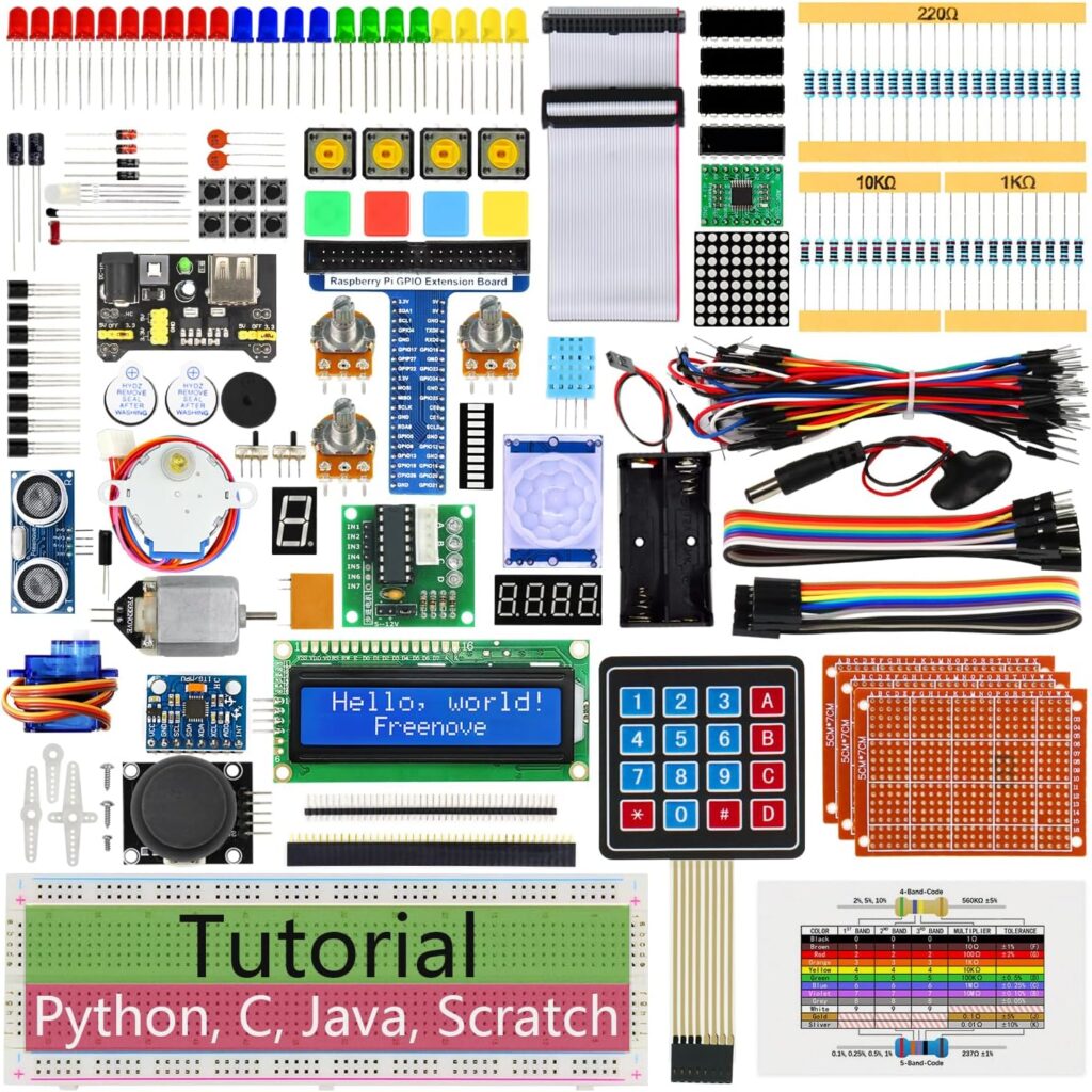 Freenove Ultimate Starter Kit for Raspberry Pi 5 4 B 3 B+ 400 Zero 2 W, 962-Page Detailed Tutorial, Python C Java Scratch Processing Code, 223 Items, 128 Projects (Raspberry Pi NOT Included)